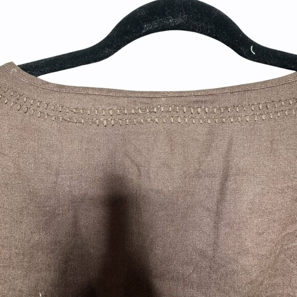 Tweeds 100% Linen Floral Embroidered Brown Button-Front Short Sleeve Blouse Sz L - Picture 4 of 5